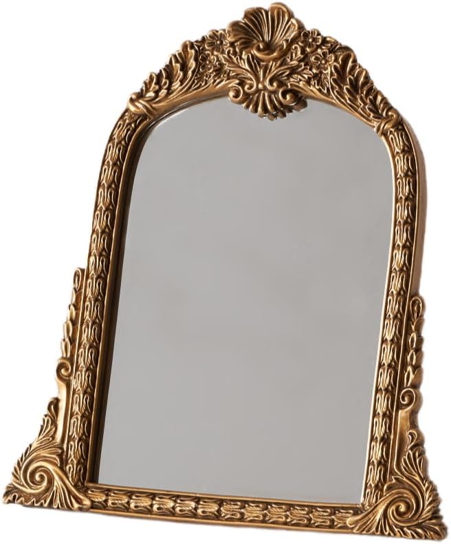 HSDDHOME Small Gold Vintage Mirror, Antique Arched Tabletop Makeup Mirror, Hand-Carved Frame, 11" x 11.2" for Bedroom, Living Room, Vanity