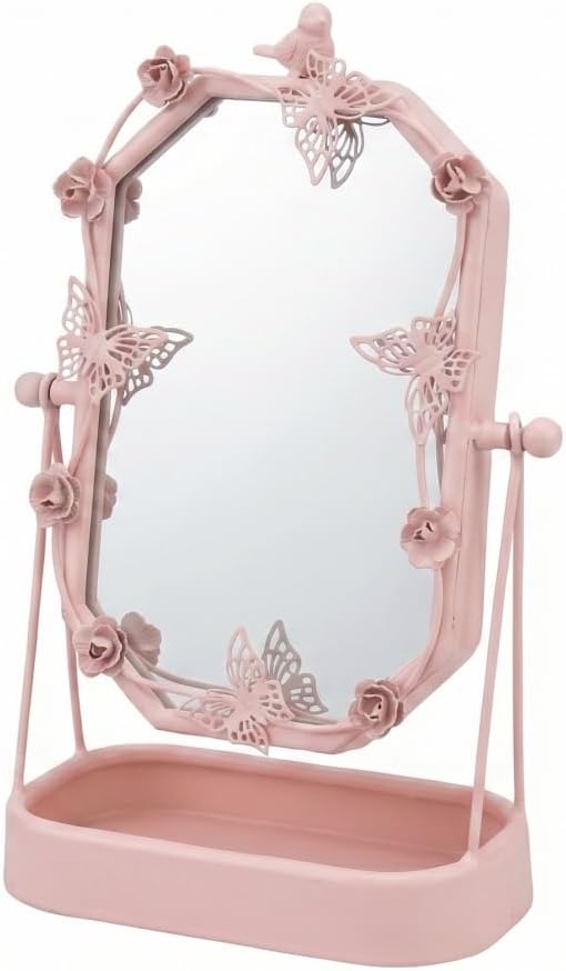 HSDDHOME Vintage Pink Gold Tabletop Makeup Mirror, Bird & Butterfly Decorative Vanity Mirror, 12.8” x 8.2” Retro Metal Standing Mirror for Dresser, Bedroom, and Bathroom (Pink)