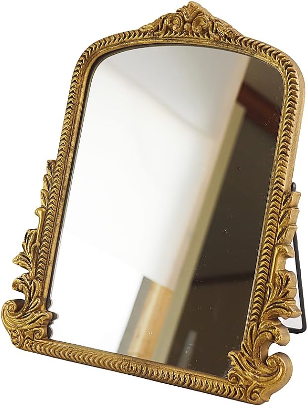 Small Vintage Vanity Makeup Desk Mirror, Antique Traditional Arch Table Mirror in Gold, Decorative Wood Carved Mirror for Living Room Bedroom Tabletop 11.8" x 9.6"