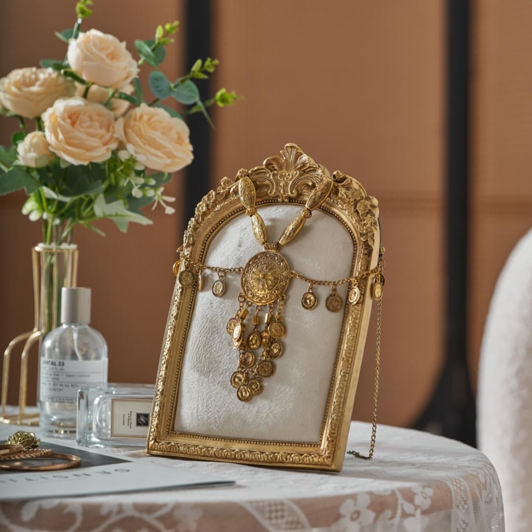 HSDDHOME 10.4"*7" gold Jewelry Display Stand Photo Frame, Resin Vintage Earring Stand, Velvet Necklace Storage Stand, Elegant Decoration for Jewelry and Collectibles-1pack