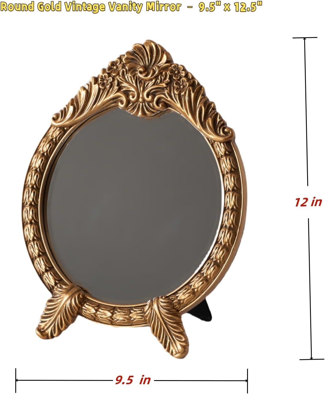 HSDDHOME Small Vintage Round Gold Vanity Mirror – 9.5" x 12.5" Baroque Arched Vanity Mirror, Freestanding Antique Makeup Mirror for Desktop, Bedroom and Dressing Table Decor