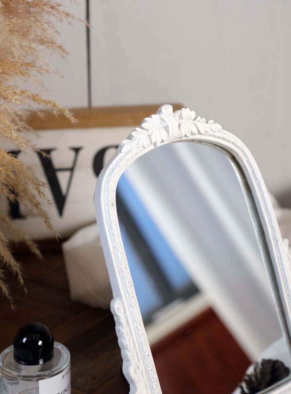 Vintage White Vanity Makeup Mirror, Antique Arch Table Mirror with Carved Resin Frame, Small Standing Mirror for Bedroom, Living Room, Tabletop (13.2" x 12.8")