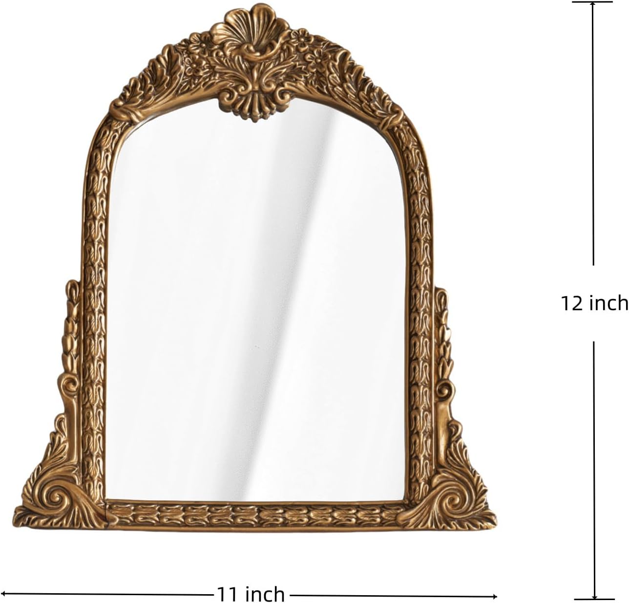 HSDDHOME Small Gold Vintage Mirror, Antique Arched Tabletop Makeup Mirror, Hand-Carved Frame, 11" x 11.2" for Bedroom, Living Room, Vanity