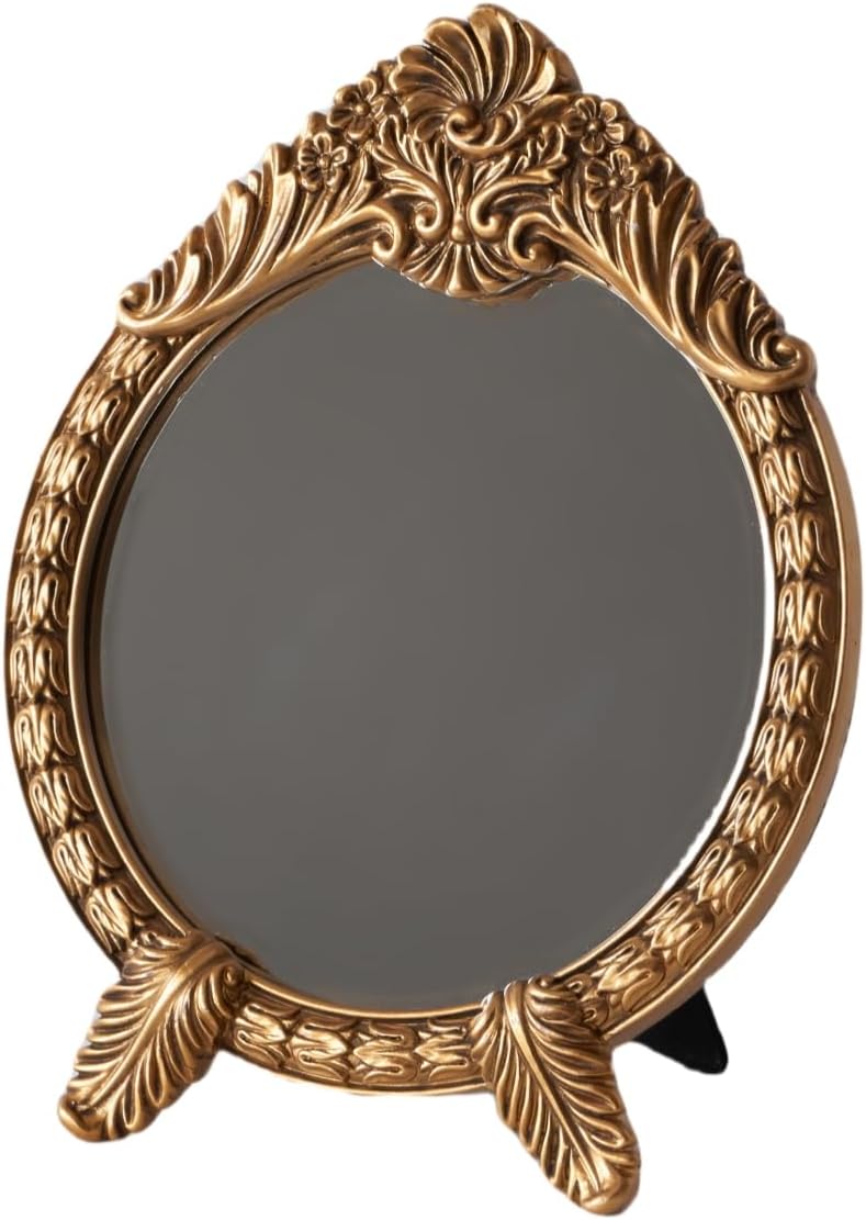 HSDDHOME Small Vintage Round Gold Vanity Mirror – 9.5" x 12.5" Baroque Arched Vanity Mirror, Freestanding Antique Makeup Mirror for Desktop, Bedroom and Dressing Table Decor