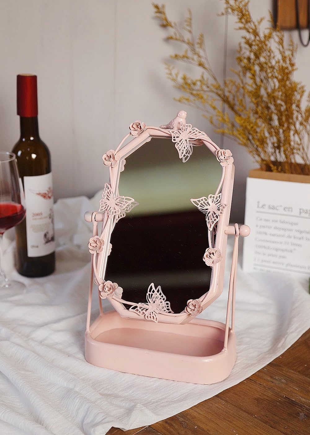HSDDHOME Vintage Pink Gold Tabletop Makeup Mirror, Bird & Butterfly Decorative Vanity Mirror, 12.8” x 8.2” Retro Metal Standing Mirror for Dresser, Bedroom, and Bathroom (Pink)