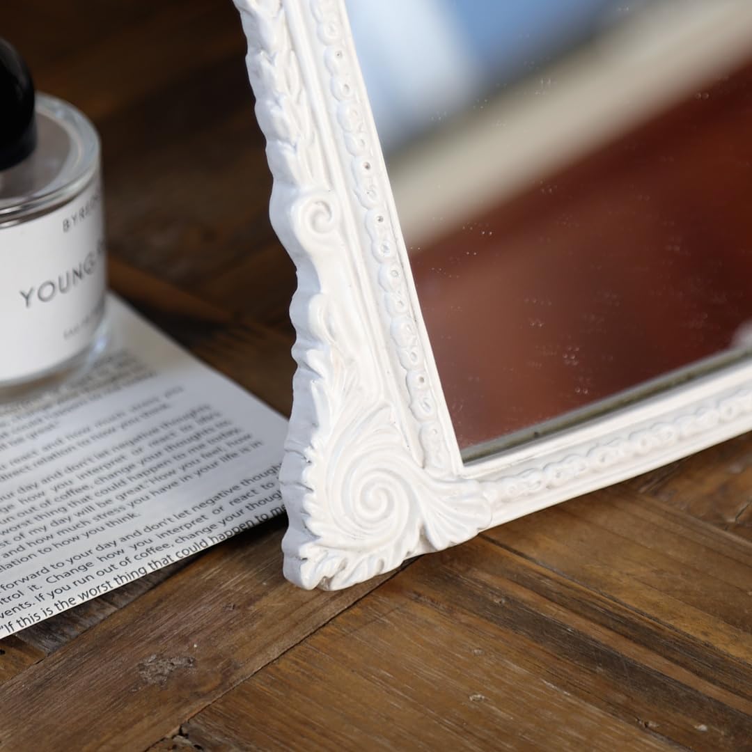 Vintage White Vanity Makeup Mirror, Antique Arch Table Mirror with Carved Resin Frame, Small Standing Mirror for Bedroom, Living Room, Tabletop (13.2" x 12.8")