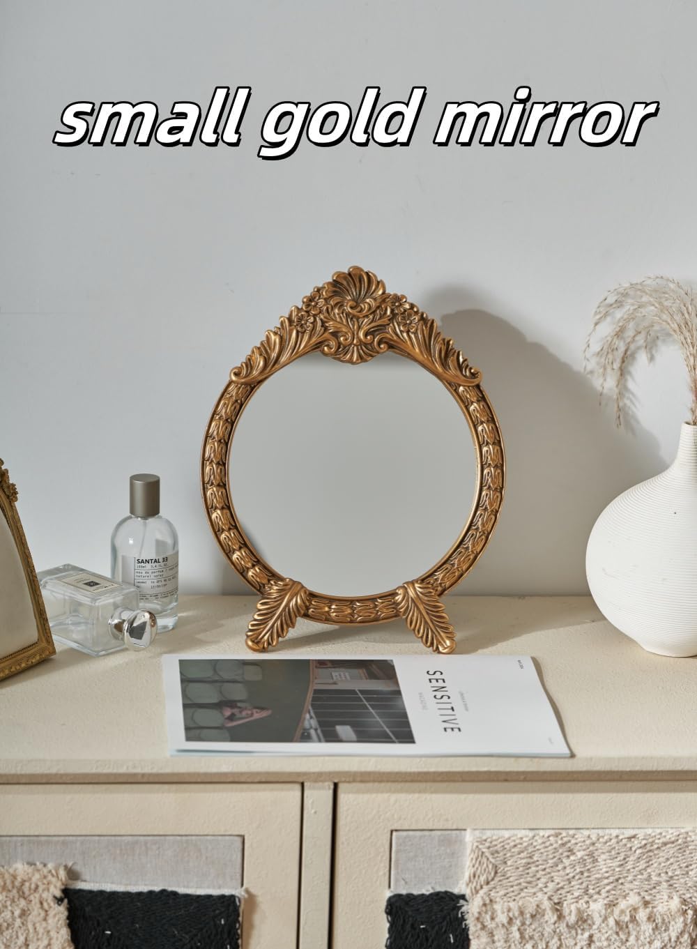 HSDDHOME Small Vintage Round Gold Vanity Mirror – 9.5" x 12.5" Baroque Arched Vanity Mirror, Freestanding Antique Makeup Mirror for Desktop, Bedroom and Dressing Table Decor