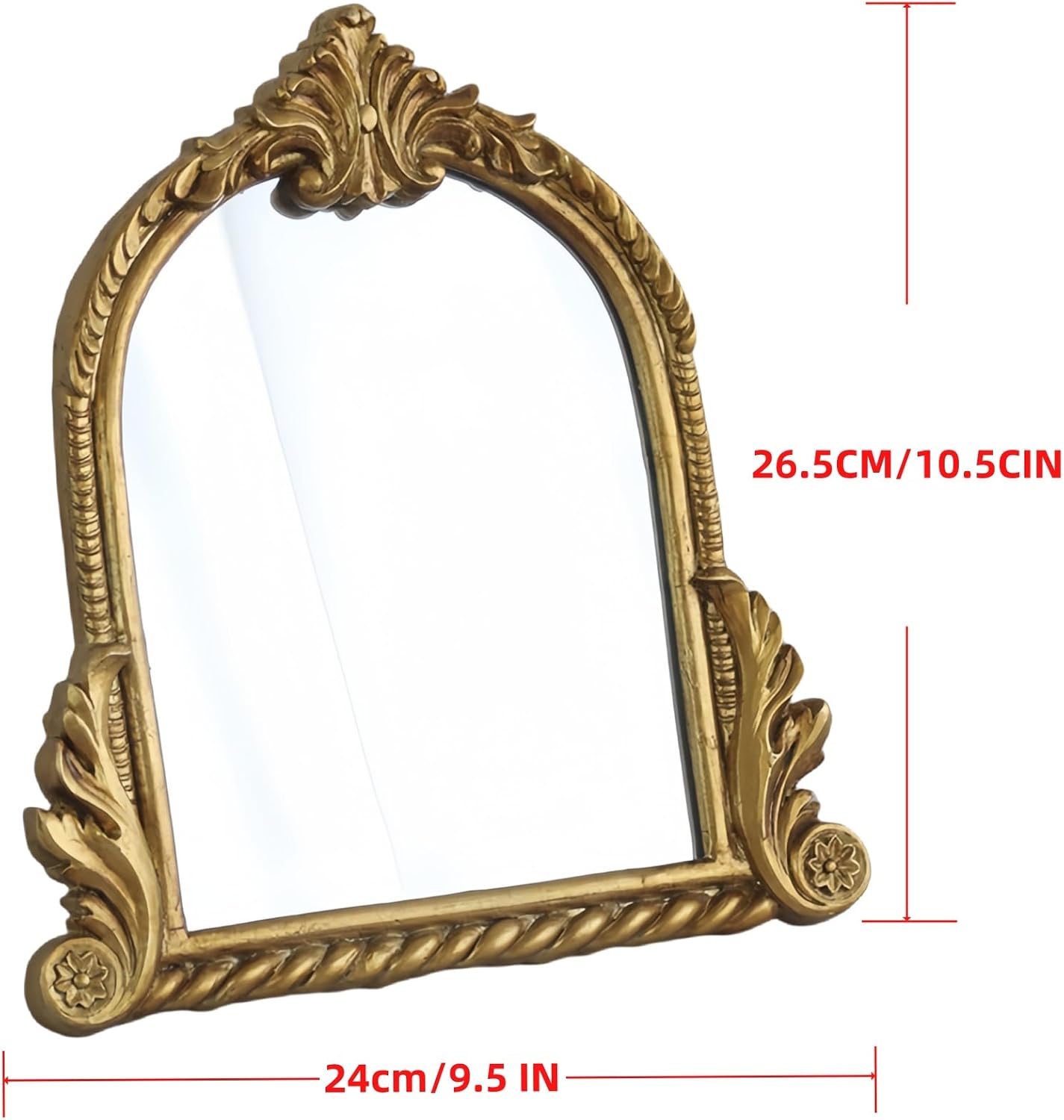 Small Gold Vintage Vanity Mirror with Stand, 10.5" x 9.5", Carved Resin Arch Table Mirror, Antique Decorative Accent for Bedroom, Living Room, Dresser, Desktop Décor