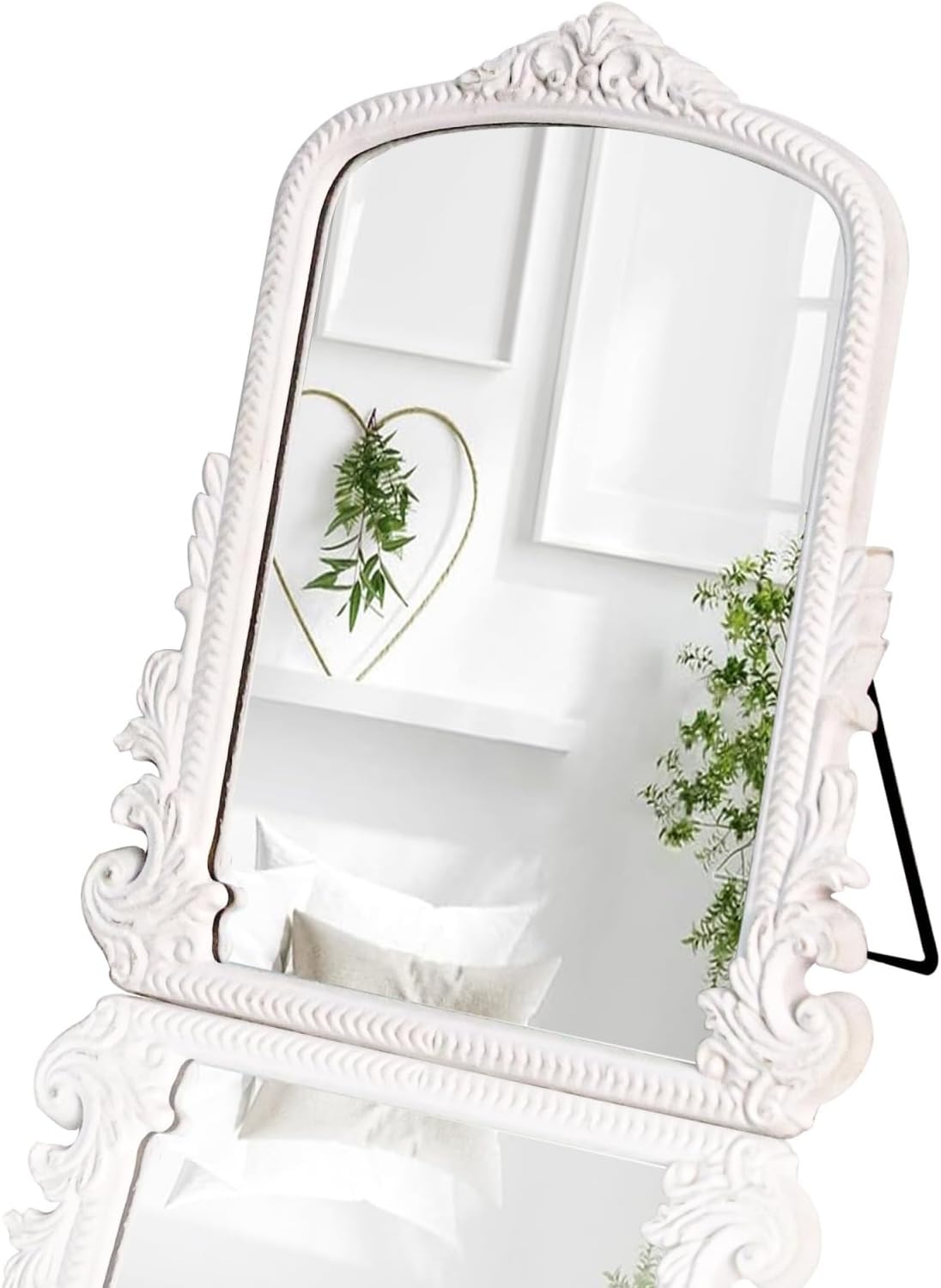 HSDDHOME 11.8" x 9.6" Small White Arched Vanity Mirror, Vintage Makeup Mirror Baroque Style Arendahl Carved Mirror with Frame for Desk Decorative Table Aesthetic for Dresser,Bedroom,Living-Room
