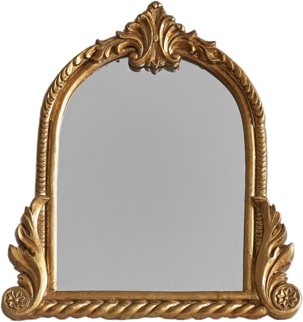 Small Gold Vintage Vanity Mirror with Stand, 10.5" x 9.5", Carved Resin Arch Table Mirror, Antique Decorative Accent for Bedroom, Living Room, Dresser, Desktop Décor