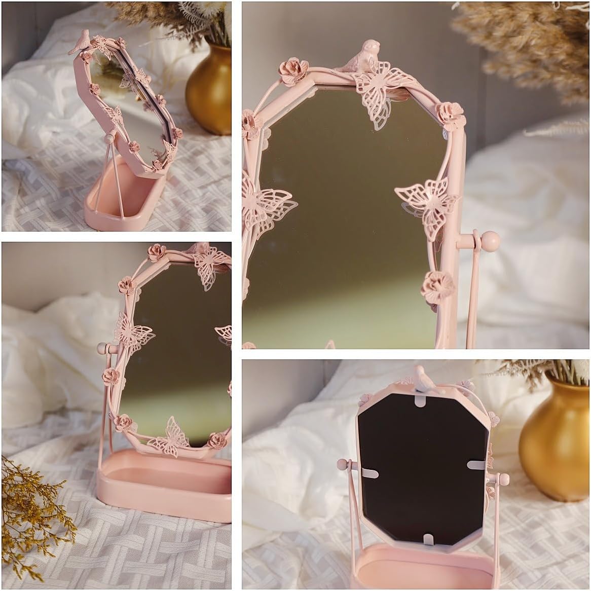 HSDDHOME Vintage Pink Gold Tabletop Makeup Mirror, Bird & Butterfly Decorative Vanity Mirror, 12.8” x 8.2” Retro Metal Standing Mirror for Dresser, Bedroom, and Bathroom (Pink)
