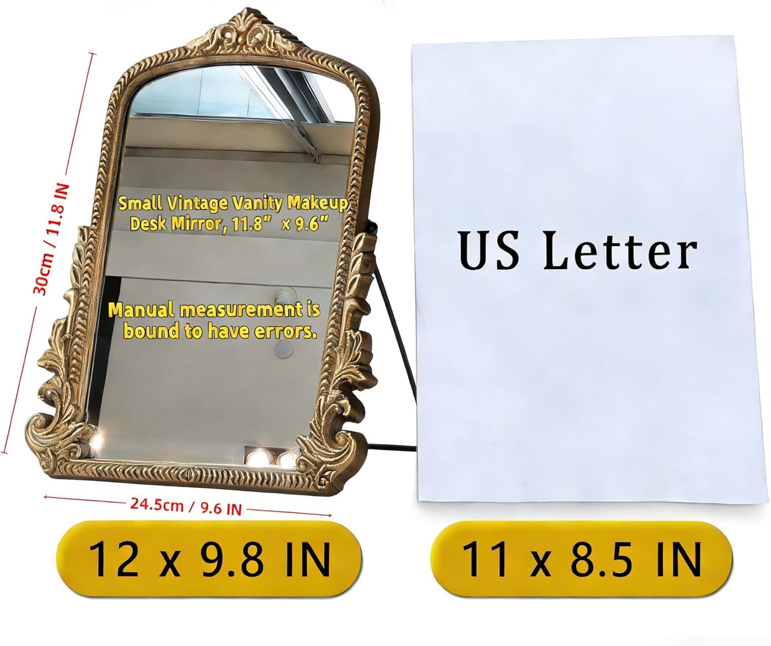 Small Vintage Vanity Makeup Desk Mirror, Antique Traditional Arch Table Mirror in Gold, Decorative Wood Carved Mirror for Living Room Bedroom Tabletop 11.8" x 9.6"