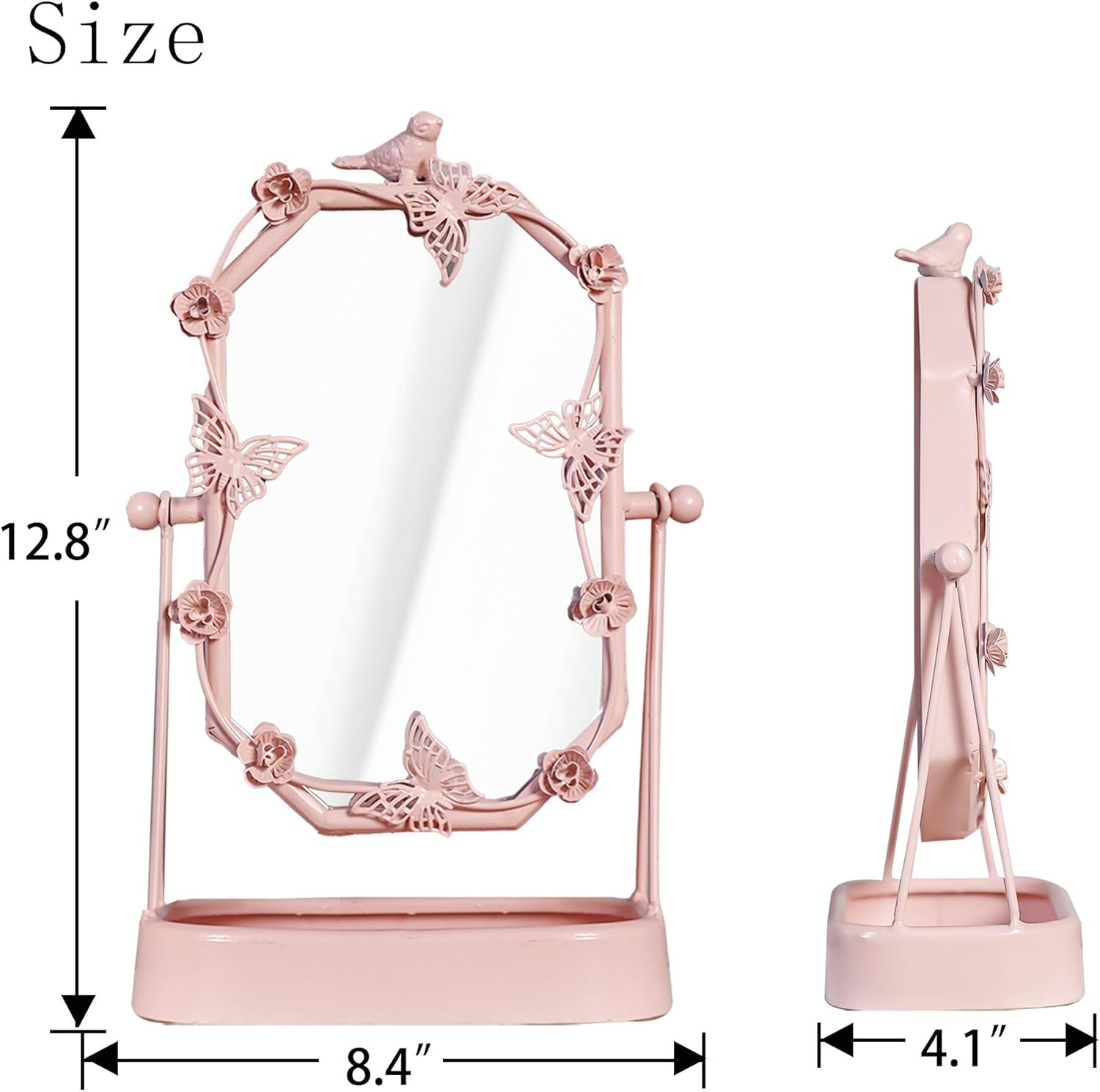 HSDDHOME Vintage Pink Gold Tabletop Makeup Mirror, Bird & Butterfly Decorative Vanity Mirror, 12.8” x 8.2” Retro Metal Standing Mirror for Dresser, Bedroom, and Bathroom (Pink)