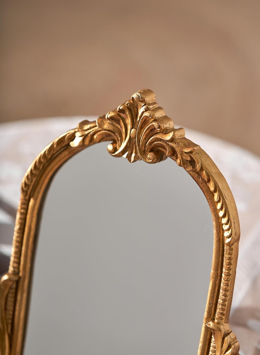 Small Gold Vintage Vanity Mirror with Stand, 10.5" x 9.5", Carved Resin Arch Table Mirror, Antique Decorative Accent for Bedroom, Living Room, Dresser, Desktop Décor