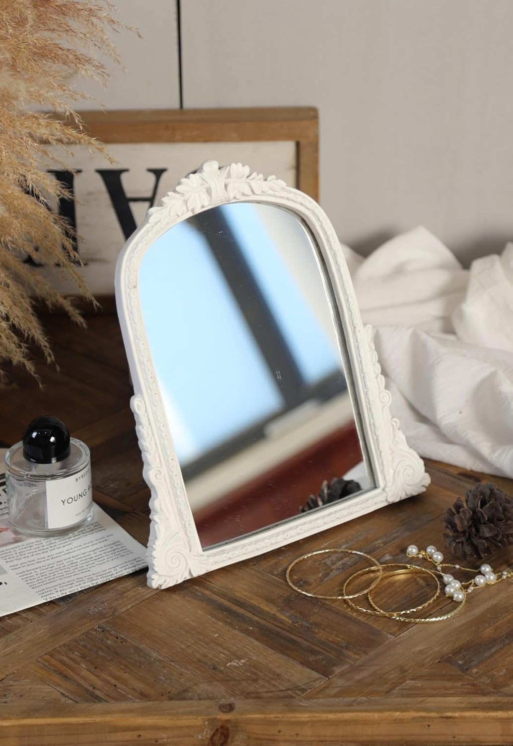 Vintage White Vanity Makeup Mirror, Antique Arch Table Mirror with Carved Resin Frame, Small Standing Mirror for Bedroom, Living Room, Tabletop (13.2" x 12.8")