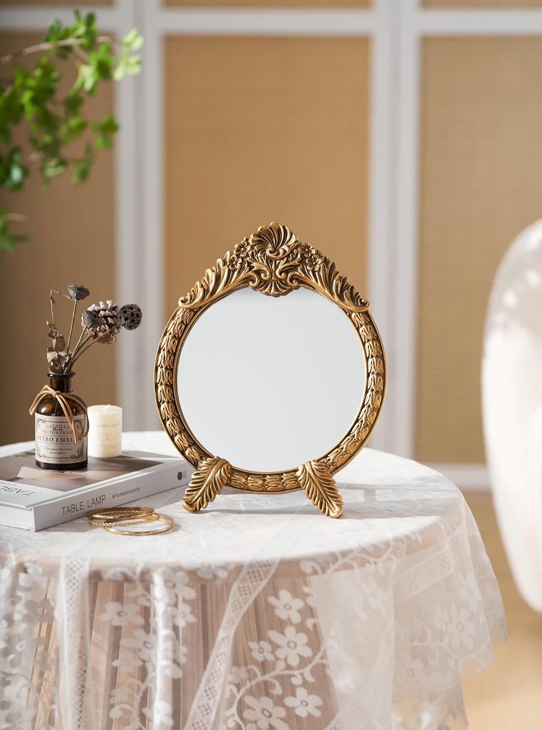 HSDDHOME Small Vintage Round Gold Vanity Mirror – 9.5" x 12.5" Baroque Arched Vanity Mirror, Freestanding Antique Makeup Mirror for Desktop, Bedroom and Dressing Table Decor