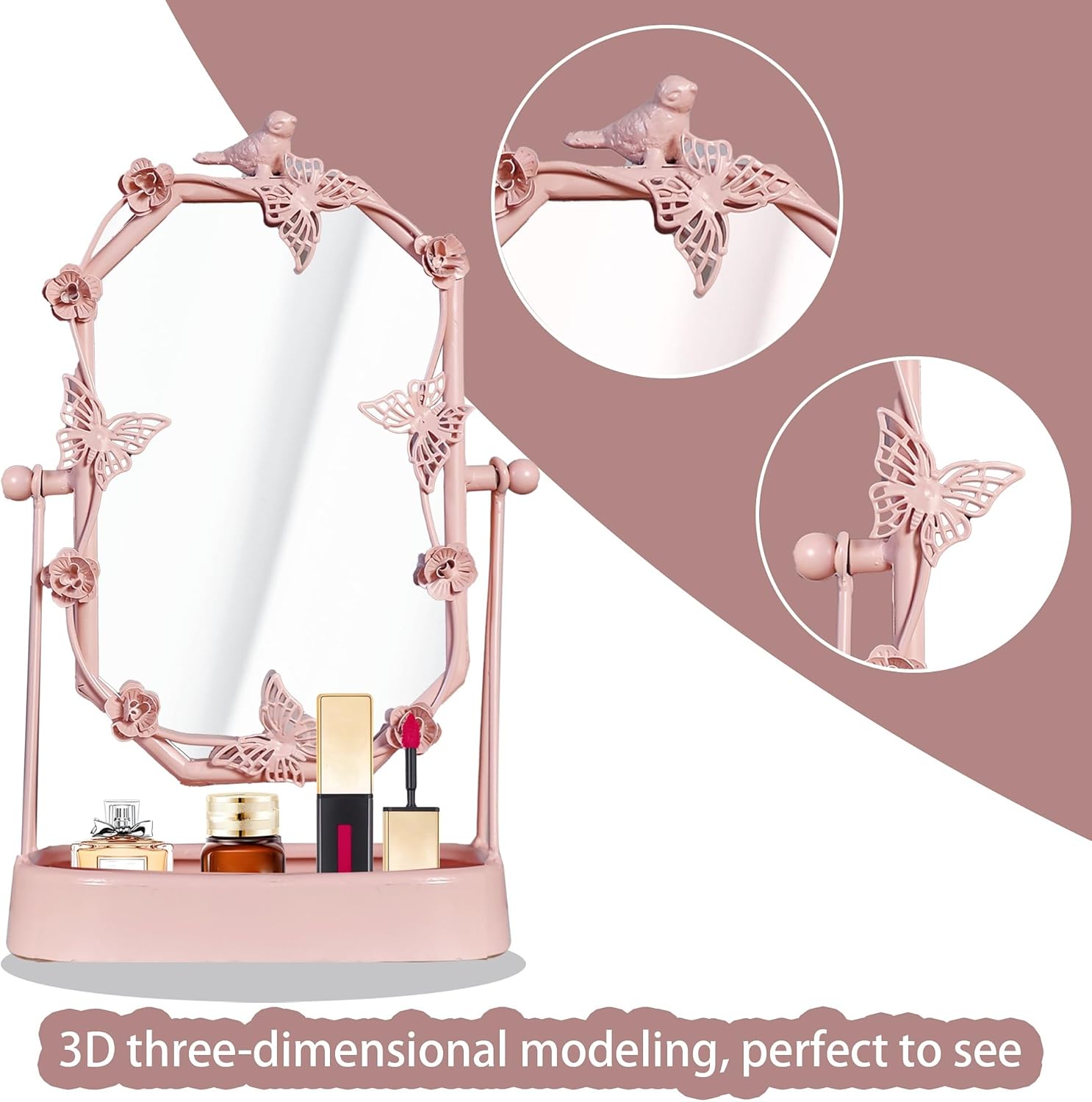 HSDDHOME Vintage Pink Gold Tabletop Makeup Mirror, Bird & Butterfly Decorative Vanity Mirror, 12.8” x 8.2” Retro Metal Standing Mirror for Dresser, Bedroom, and Bathroom (Pink)