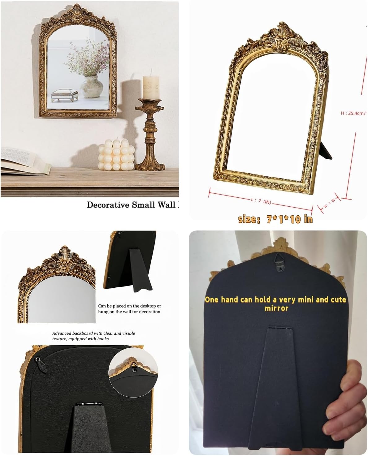 HSDDHOME Small Gold Vintage Vanity Desk Makeup Mirror Antique Decorative Wall Mirror,Resin Carved Arch Table Mirror with Stand for Living Room,Bedroom Dresser,Desktop Decor 10.2" x 7" ﻿