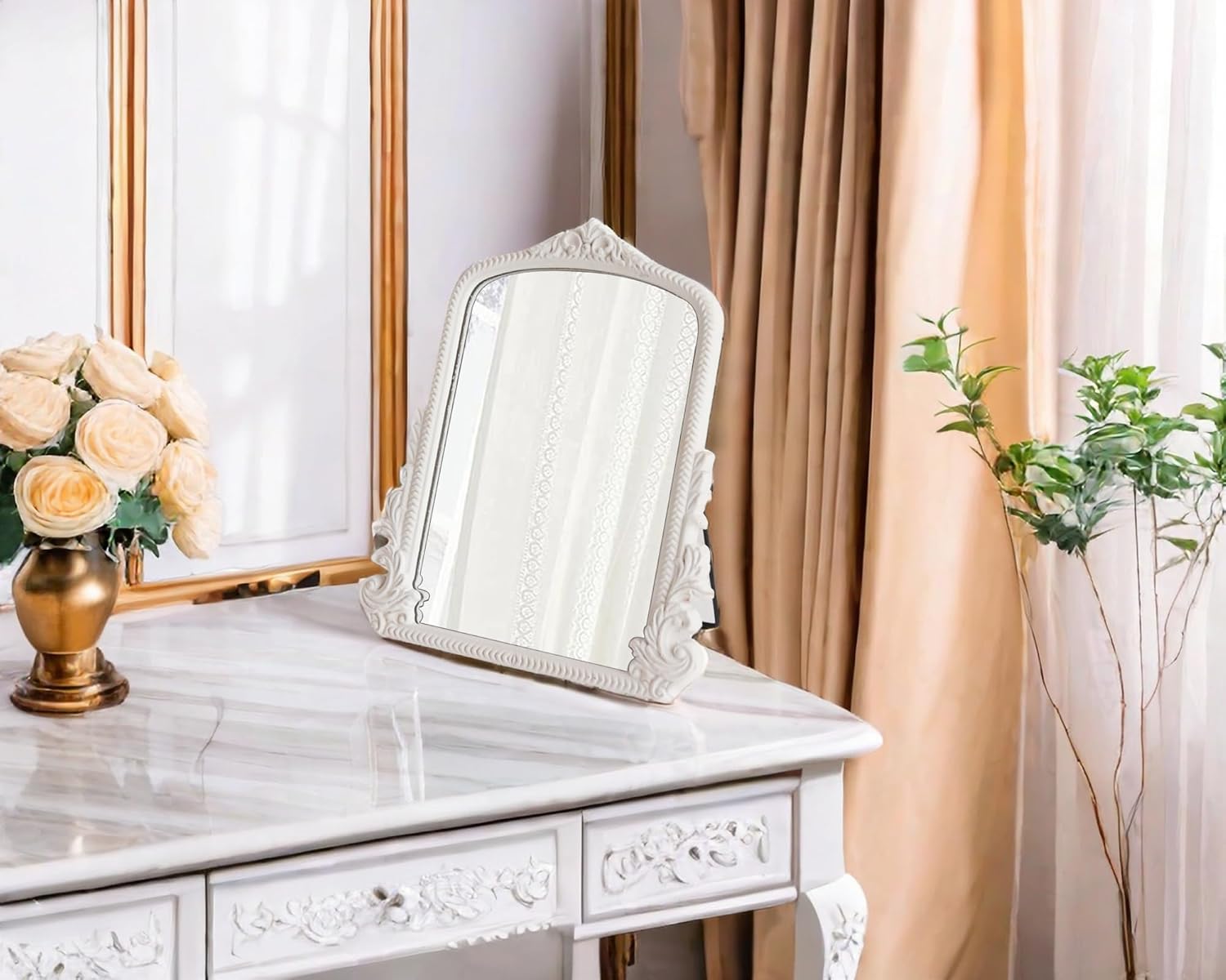 HSDDHOME 11.8" x 9.6" Small White Arched Vanity Mirror, Vintage Makeup Mirror Baroque Style Arendahl Carved Mirror with Frame for Desk Decorative Table Aesthetic for Dresser,Bedroom,Living-Room
