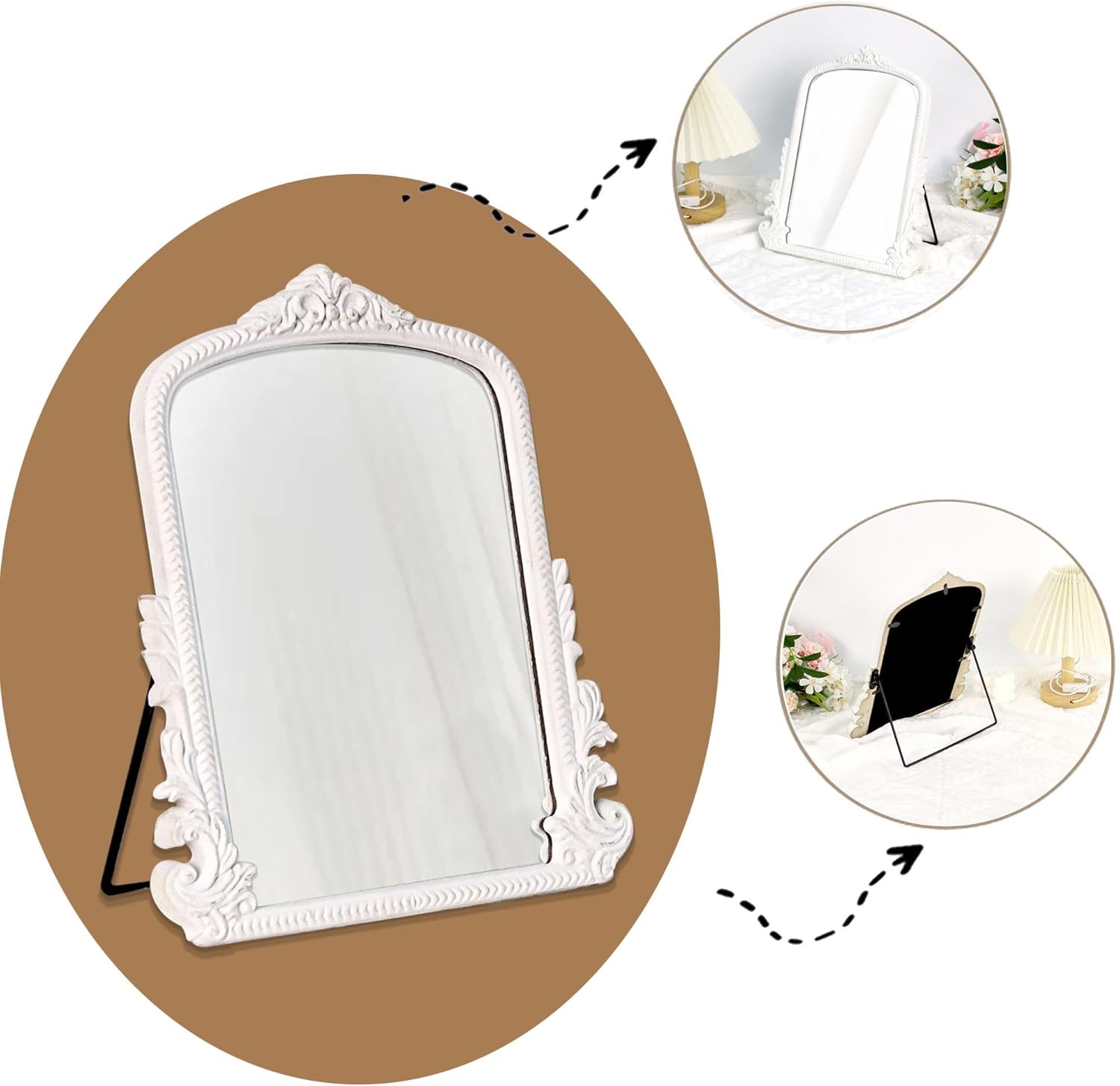 HSDDHOME 11.8" x 9.6" Small White Arched Vanity Mirror, Vintage Makeup Mirror Baroque Style Arendahl Carved Mirror with Frame for Desk Decorative Table Aesthetic for Dresser,Bedroom,Living-Room