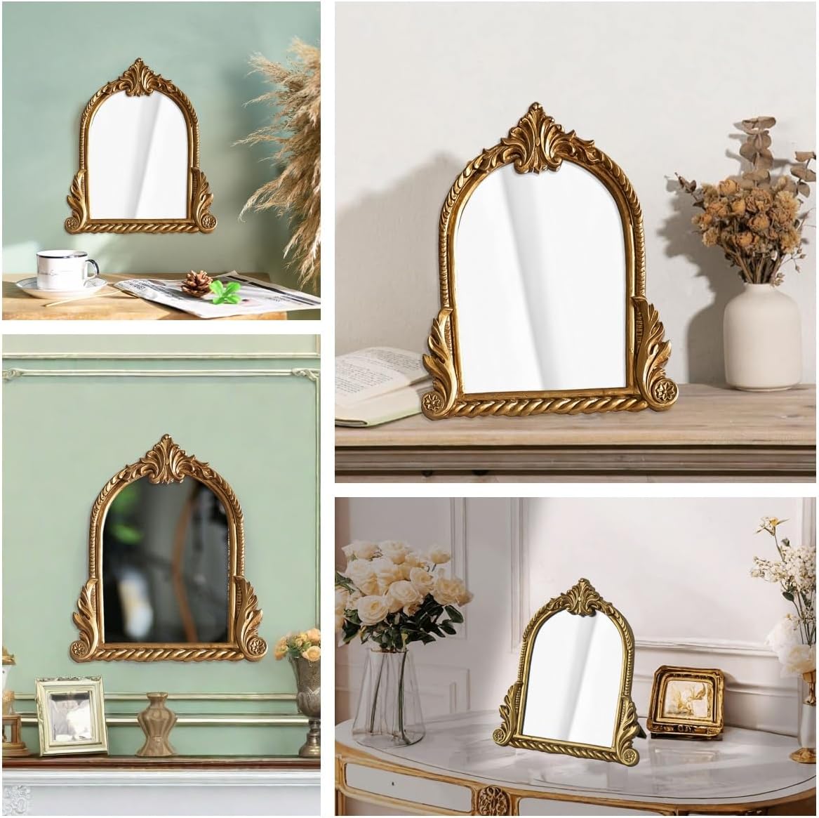 Small Gold Vintage Vanity Mirror with Stand, 10.5" x 9.5", Carved Resin Arch Table Mirror, Antique Decorative Accent for Bedroom, Living Room, Dresser, Desktop Décor