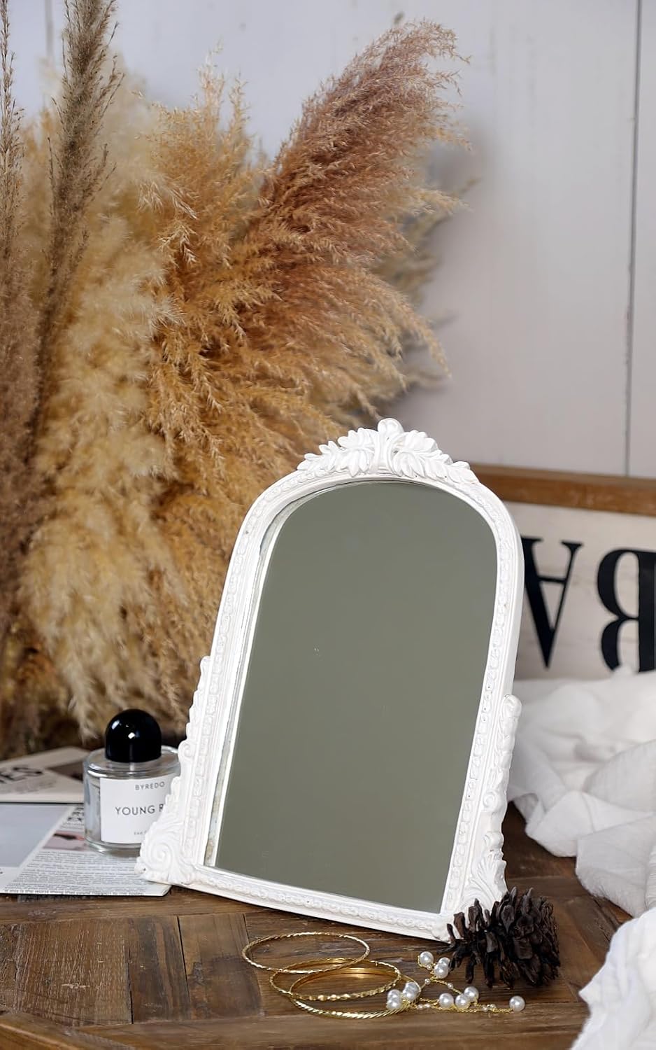Vintage White Vanity Makeup Mirror, Antique Arch Table Mirror with Carved Resin Frame, Small Standing Mirror for Bedroom, Living Room, Tabletop (13.2" x 12.8")