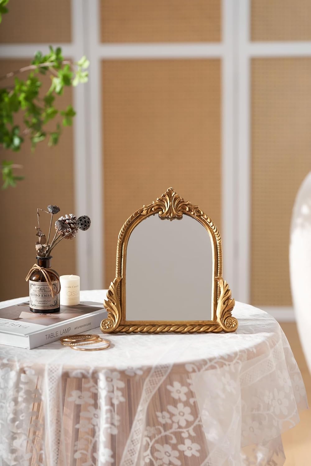 Small Gold Vintage Vanity Mirror with Stand, 10.5" x 9.5", Carved Resin Arch Table Mirror, Antique Decorative Accent for Bedroom, Living Room, Dresser, Desktop Décor