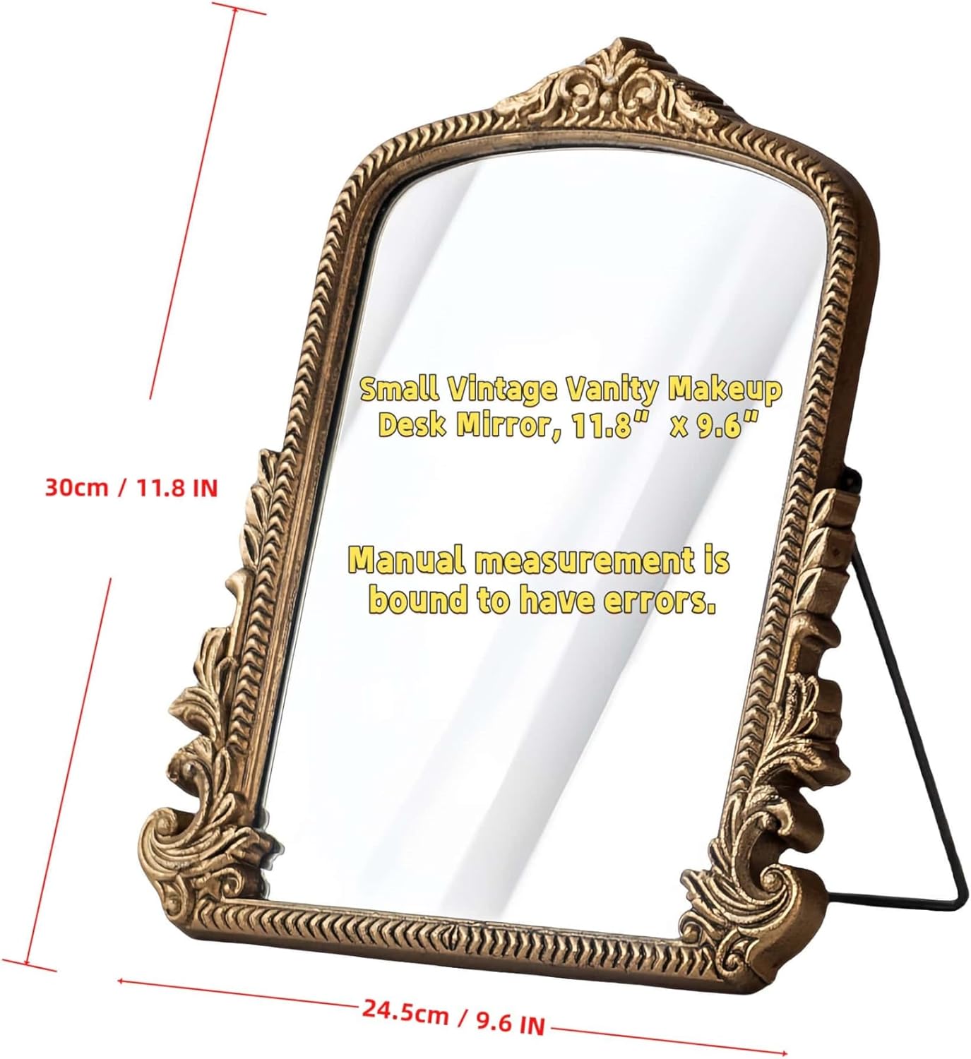 Small Vintage Vanity Makeup Desk Mirror, Antique Traditional Arch Table Mirror in Gold, Decorative Wood Carved Mirror for Living Room Bedroom Tabletop 11.8" x 9.6"