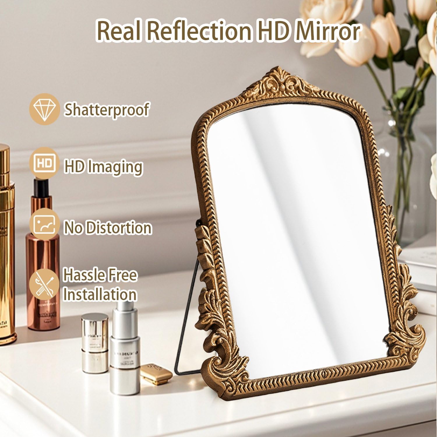 Small Vintage Vanity Makeup Desk Mirror, Antique Traditional Arch Table Mirror in Gold, Decorative Wood Carved Mirror for Living Room Bedroom Tabletop 11.8" x 9.6"