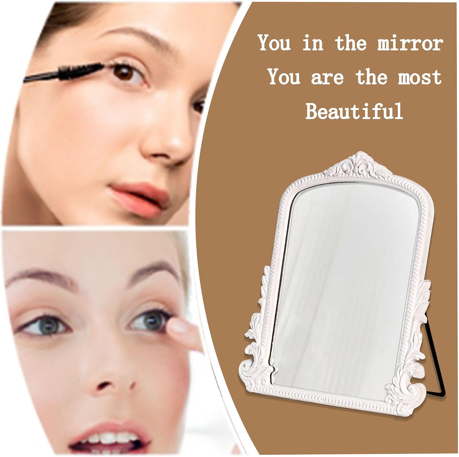 HSDDHOME 11.8" x 9.6" Small White Arched Vanity Mirror, Vintage Makeup Mirror Baroque Style Arendahl Carved Mirror with Frame for Desk Decorative Table Aesthetic for Dresser,Bedroom,Living-Room
