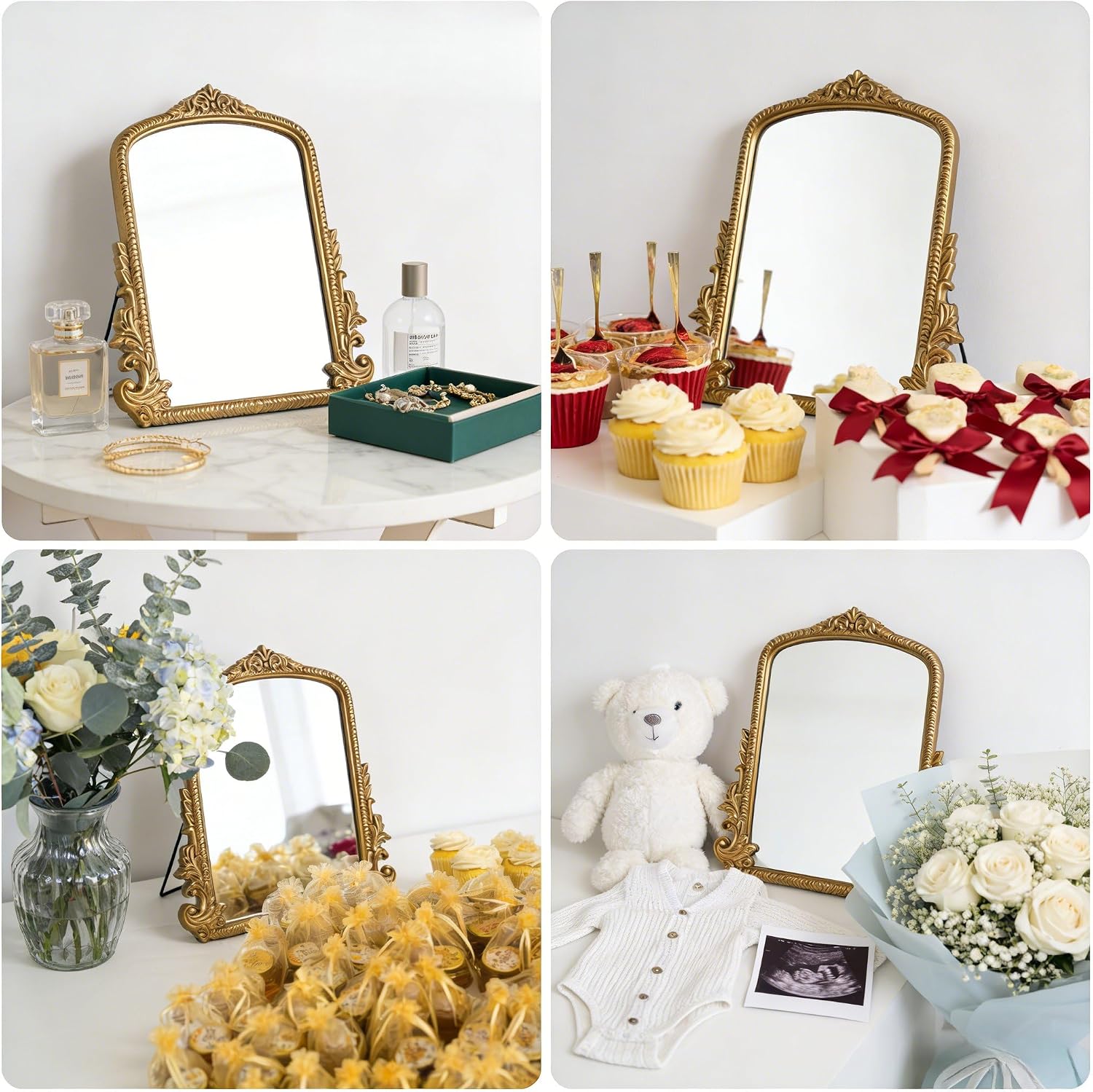 Small Vintage Vanity Makeup Desk Mirror, Antique Traditional Arch Table Mirror in Gold, Decorative Wood Carved Mirror for Living Room Bedroom Tabletop 11.8" x 9.6"