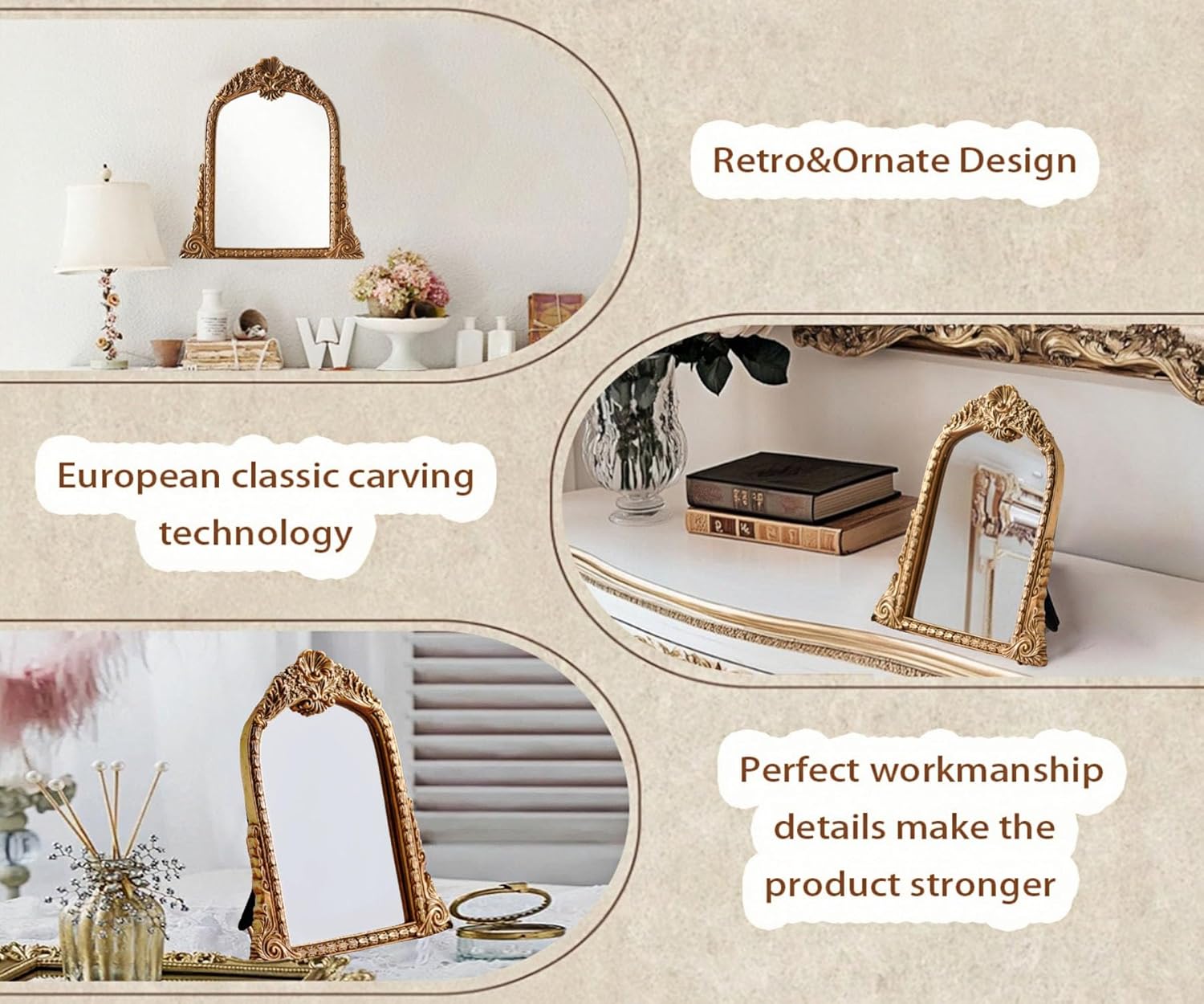 HSDDHOME Small Gold Vintage Mirror, Antique Arched Tabletop Makeup Mirror, Hand-Carved Frame, 11" x 11.2" for Bedroom, Living Room, Vanity