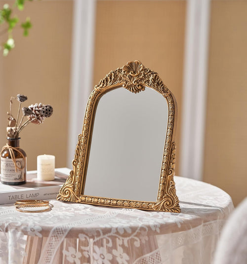 HSDDHOME Small Gold Vintage Mirror, Antique Arched Tabletop Makeup Mirror, Hand-Carved Frame, 11" x 11.2" for Bedroom, Living Room, Vanity