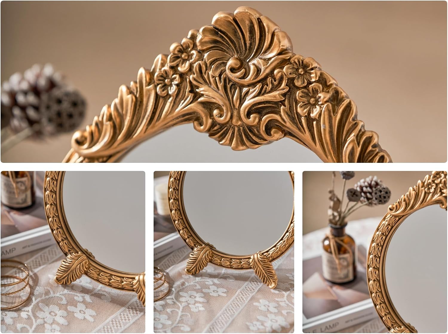 HSDDHOME Small Vintage Round Gold Vanity Mirror – 9.5" x 12.5" Baroque Arched Vanity Mirror, Freestanding Antique Makeup Mirror for Desktop, Bedroom and Dressing Table Decor