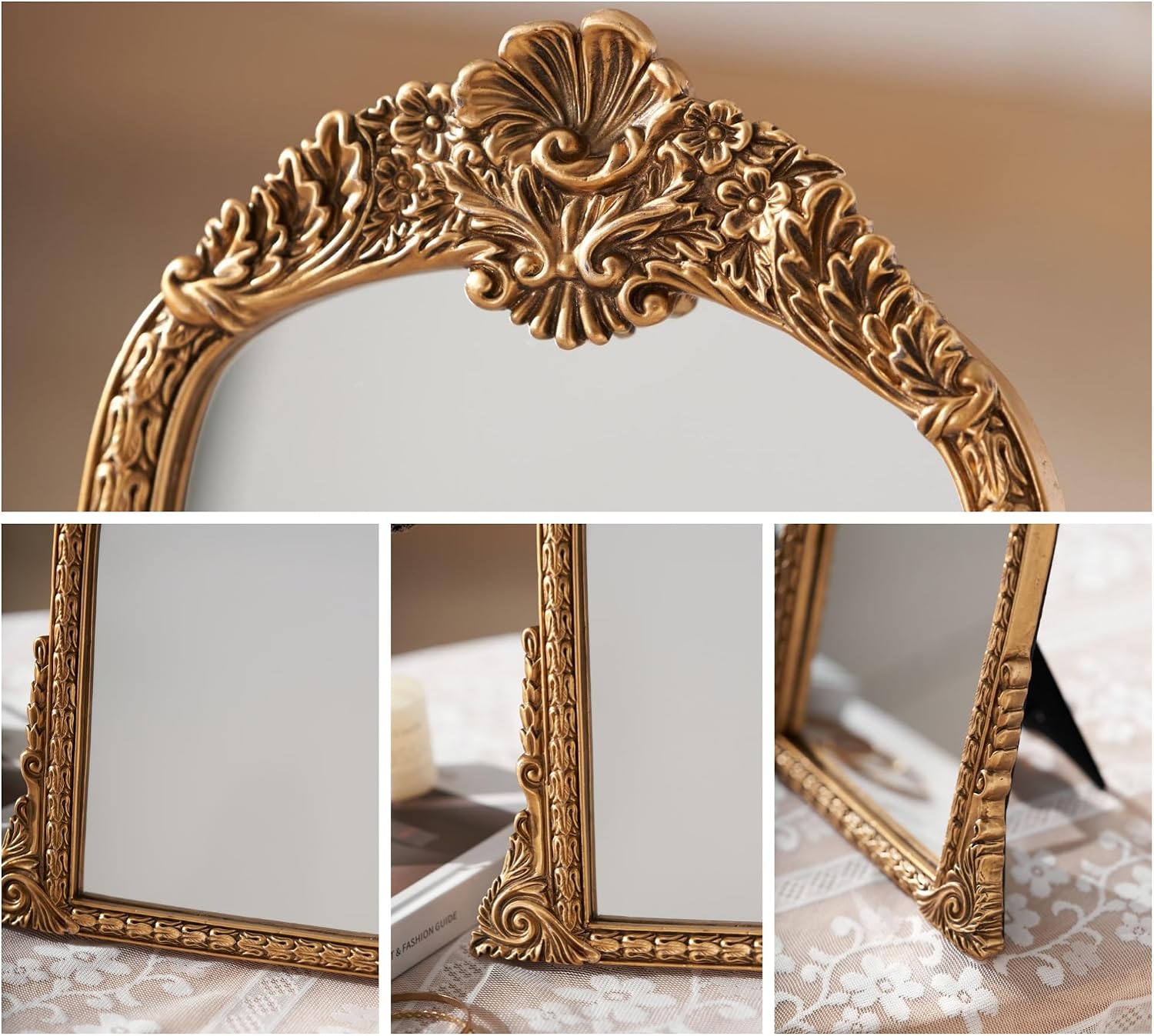 HSDDHOME Small Gold Vintage Mirror, Antique Arched Tabletop Makeup Mirror, Hand-Carved Frame, 11" x 11.2" for Bedroom, Living Room, Vanity